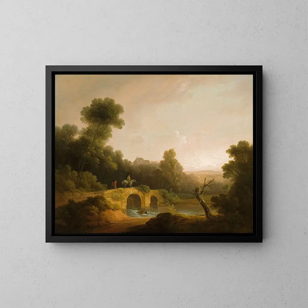 Landschaftsgemälde mit Figuren, die eine Brücke überqueren - John Rathbone — gerahmtes Bild an der Wand
