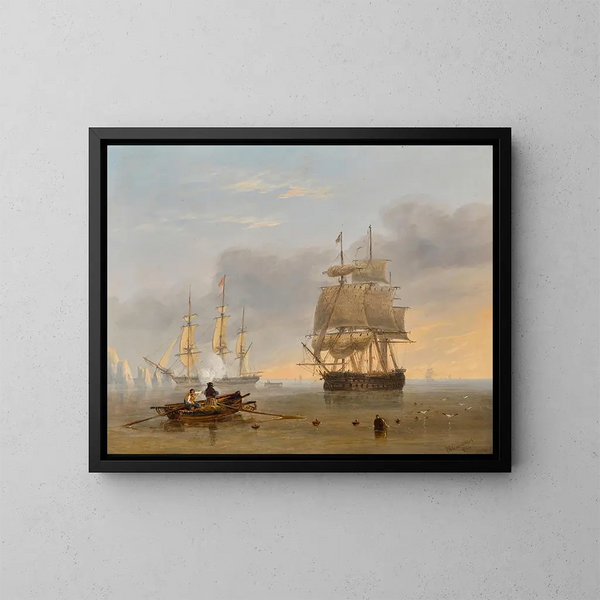 Ein britisches Kriegsschiff vor der Küste der Needles, Isle of Wight - John Wilson Carmichael — gerahmtes Bild an der Wand