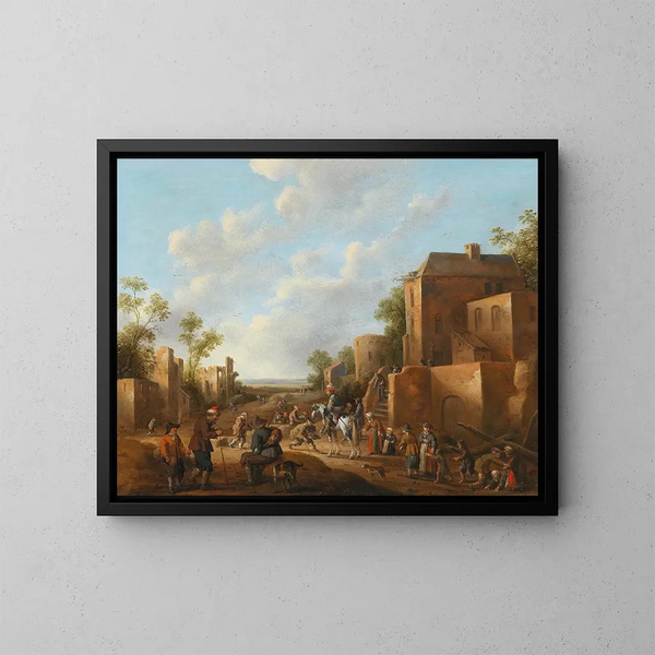 eines Dorflandschafts mit Bauern in der Nähe einer Taverne - Joost Cornelisz Droochsloot — gerahmtes Bild an der Wand