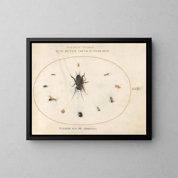 Platinen-Gemälde 65 Ein Grille umgeben von Insekten, einschließlich einer Wespe mit rubinartigem Hinterleib - Joris Hoefnagel — gerahmtes Bild an der Wand