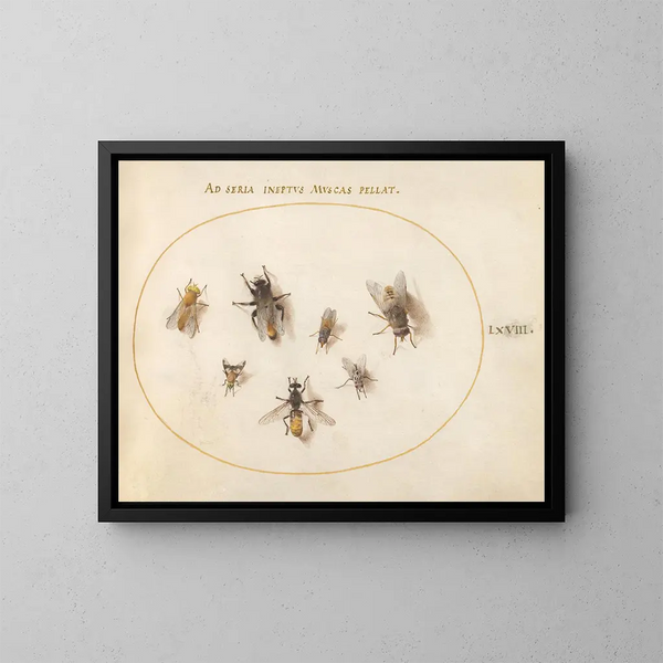 Platinen-Gemälde 68 Sept Bienen und Fliegen - Joris Hoefnagel — gerahmtes Bild an der Wand