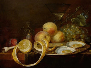 Joris van Son - Tabletop still life including two oysters on a pewter dish a wine glass a partiallypeeled lemon and an assortment of fruit.webp