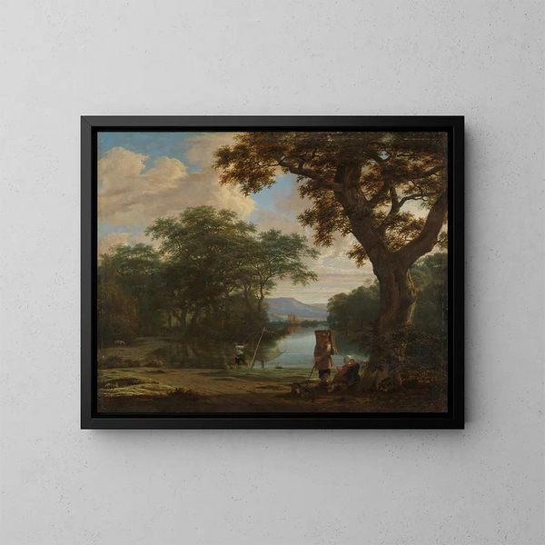 Landschaft mit einem Fischer und einem quadratischen Netz - Joris van der Haagen — gerahmtes Bild an der Wand