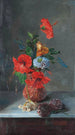 Hibiskus, Freesien, Dahlien und Hyazinthen auf einer Marmortheke - José María Bracho Murillo — Ansicht des Kunstwerks