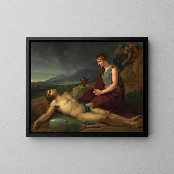 Antigone auf Knien neben dem Körper ihres Bruders Polynices - Josef Abel — gerahmtes Bild an der Wand