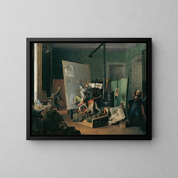 Komische Szene im Atelier - Josef Danhauser — gerahmtes Bild an der Wand