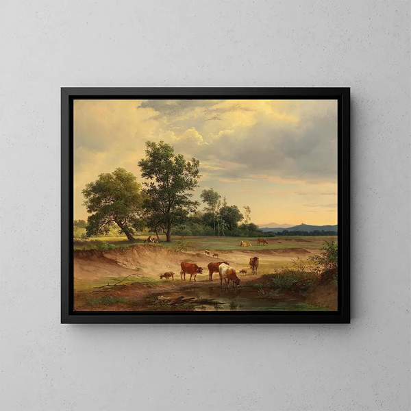 Paesaggio aperto con un pastore che riposa vicino a Mödling - Josef Feid — quadro incorniciato alla parete