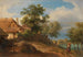 Landscape painting with thatched roof farms and decorative figures - Josef Höger — artwork view