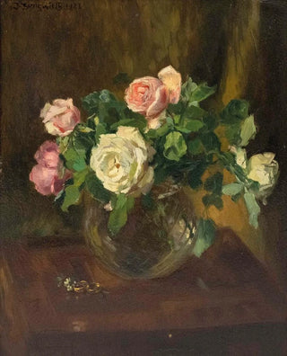 Josef Jungwirth - Stillleben mit Rosen in Glasvase und zwei Eheringen.webp