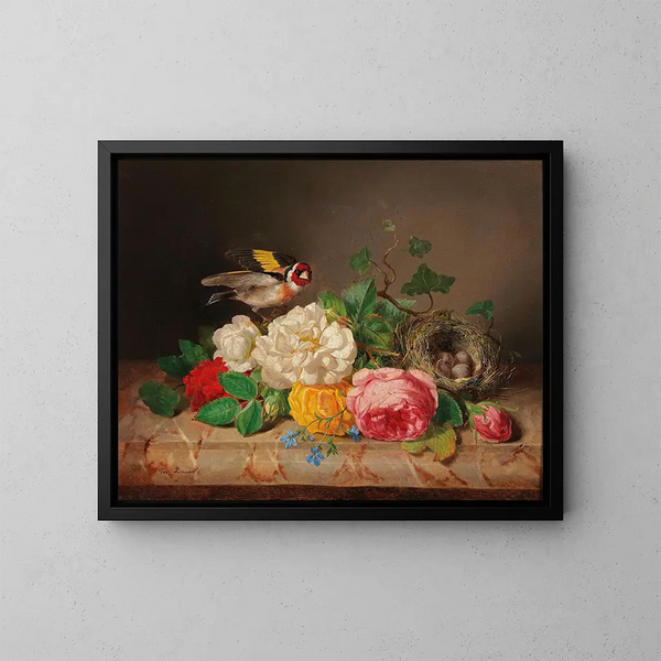 Rosenstock mit Distelfink und Vogelnest - Josef Lauer — gerahmtes Bild an der Wand