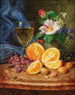 Nature morte con arance, un bicchiere di vino e camellie in un vaso - Josef Lauer — vista dell’opera