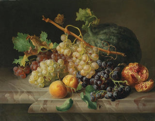 Josef Lauer - Stillleben mit Granatapfel Weintrauben und Melone.webp
