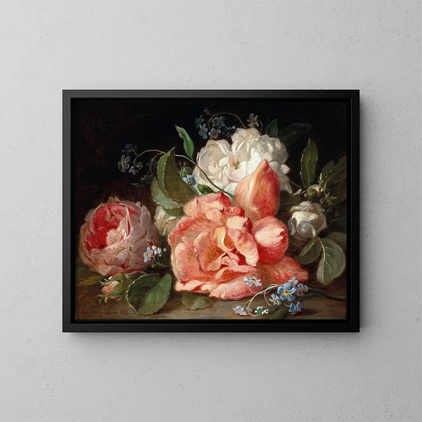Un bouquet di fiori con rose e forget-me-not - Josef Neugebauer — quadro incorniciato alla parete