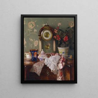 Josef Schuster - Antiquittenstillleben Mit Kaminuhr.webp