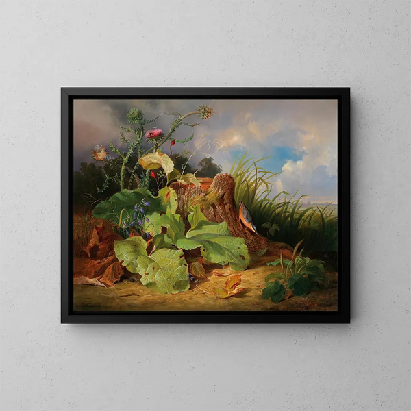 Naturstillleben mit Disteln, Glockenblumen, Hagebutten und einer Meise - Josef Schuster — gerahmtes Bild an der Wand