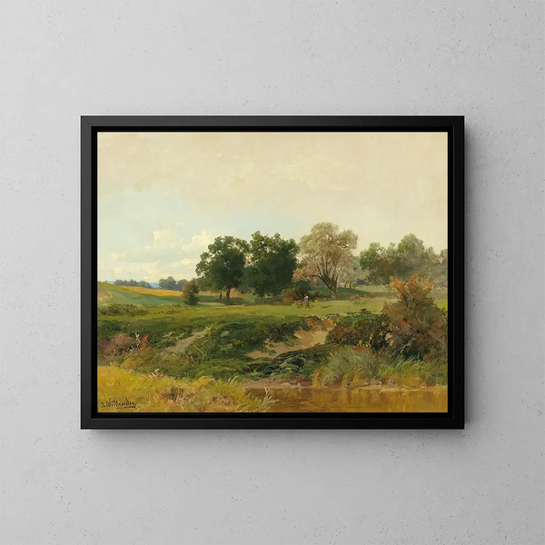 Landschaft mit Frau, die Holz sammelt - Josef Willroider — gerahmtes Bild an der Wand
