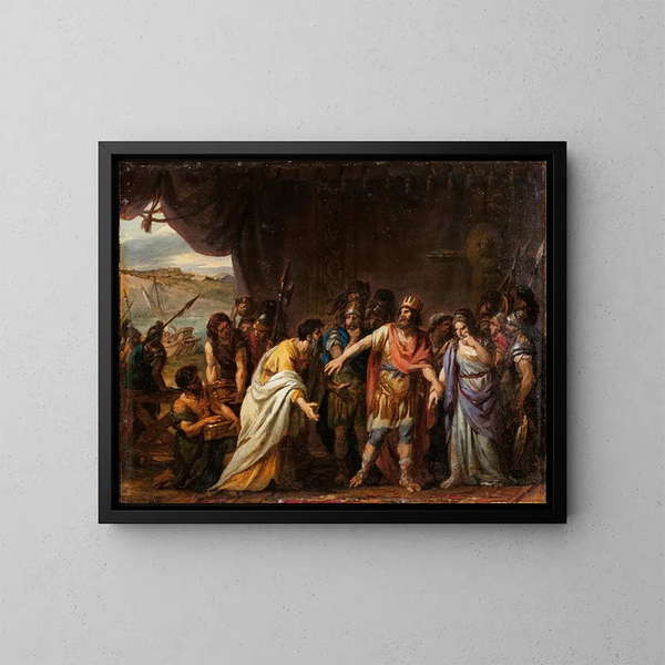 Agamemnon in seiner Zelt, der sich weigert, Chryseis an ihren Vater zurückzugeben - Joseph Marie Vien — gerahmtes Bild an der Wand