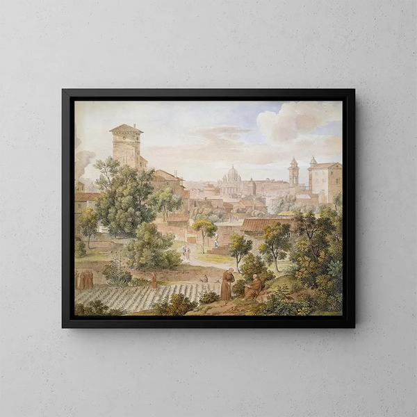 Vista del monastero di San Isidoro su San Pietro a Roma - Joseph Anton Koch — quadro incorniciato alla parete