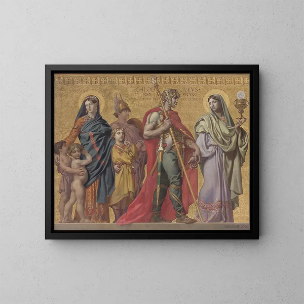 Die Glaube, der Clovis führt, gefolgt von der Königin und ihren Kindern, dann von verschiedenen Heiligen und Kriegern - Joseph Blanc — gerahmtes Bild an der Wand