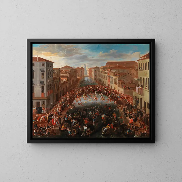Die Schlacht der Fäuste auf der Brücke von San Barnaba in Venedig - Joseph Heintz der Jüngere — gerahmtes Bild an der Wand