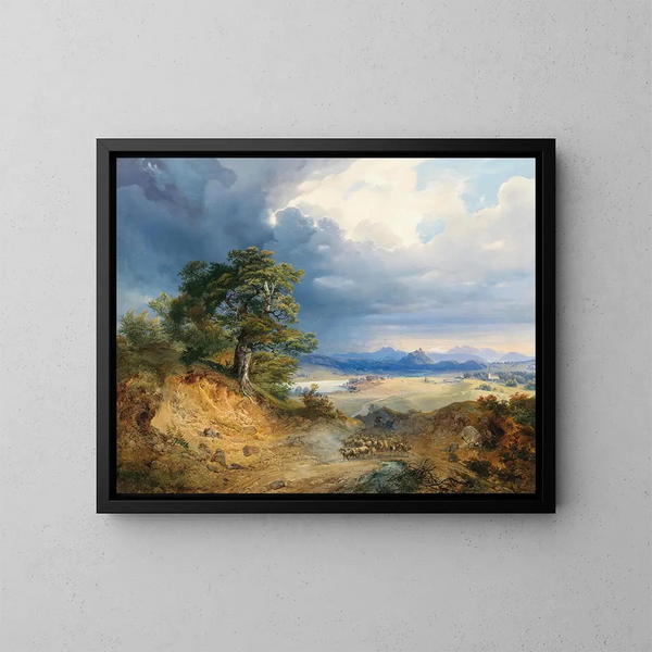 Ein Landschaft der Karpaten mit einem Hirten und seinem Vieh - Joseph Holzer — gerahmtes Bild an der Wand