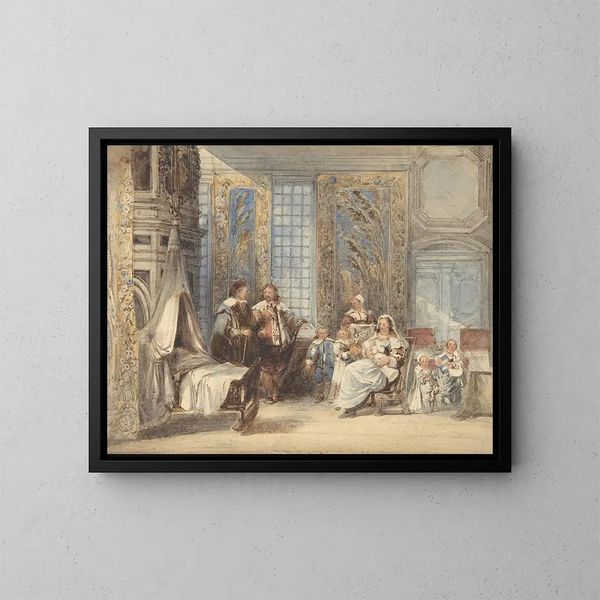 Familienszene und Gäste in einem Interieur des 17. Jahrhunderts - Joseph Nash — gerahmtes Bild an der Wand