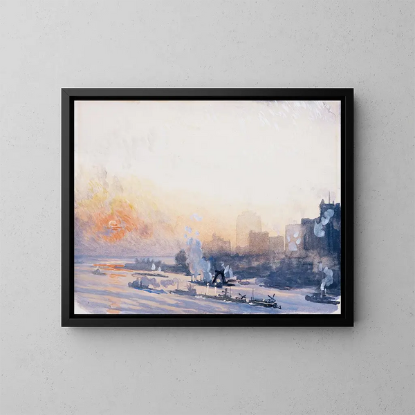 Wintersonnenuntergang im Hafen von New York - Joseph Pennell — gerahmtes Bild an der Wand