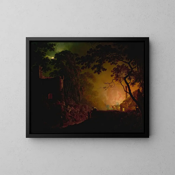 Ein brennendes Häuschen in der Nacht - Joseph Wright de Derby — gerahmtes Bild an der Wand
