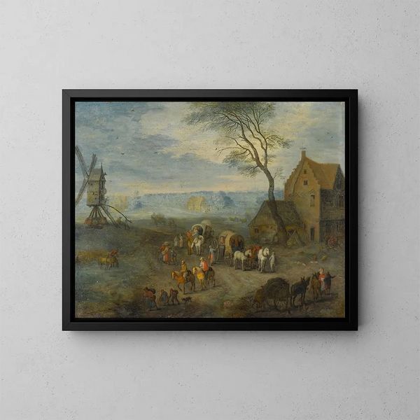 Una scena di villaggio con viaggiatori vicino a un mulino a vento - Joseph van Bredael — quadro incorniciato alla parete