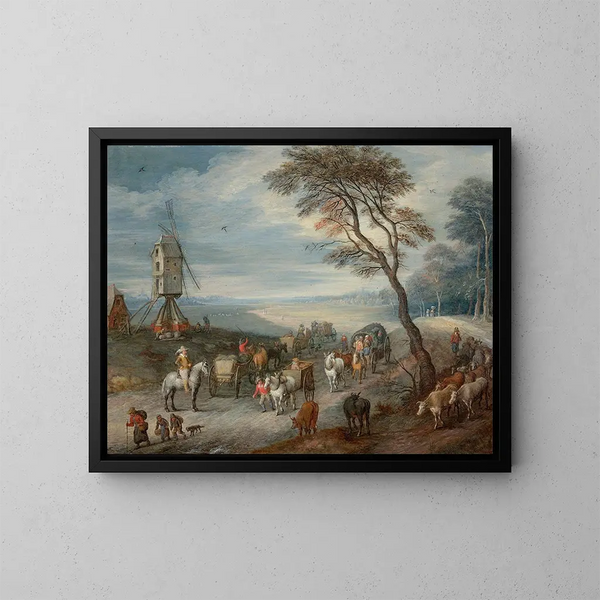 La partenza per il mercato vicino a un mulino - Joseph van Bredael — quadro incorniciato alla parete