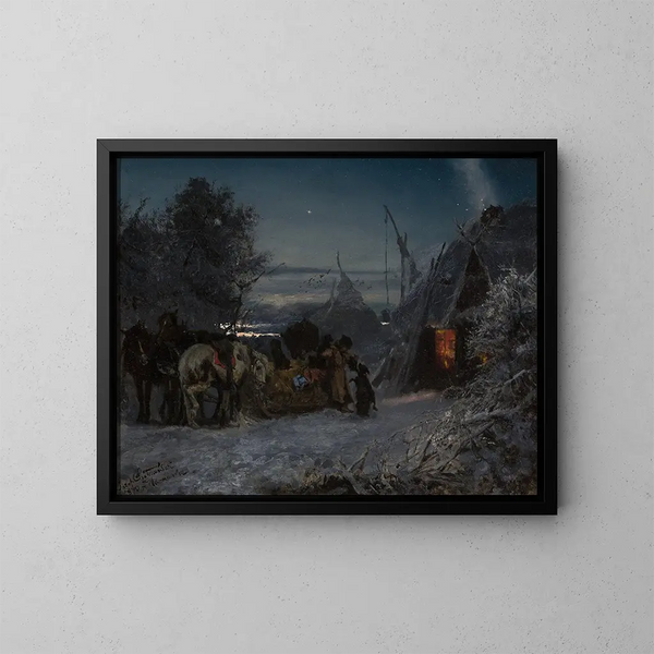 Schlitten vor einer Hütte bei Nacht - Józef Chełmoński — gerahmtes Bild an der Wand