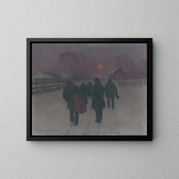 Musiker, die am frühen Morgen durch eine verschneite Landschaft zurückkehren - Jozef Teodor Mousson — gerahmtes Bild an der Wand