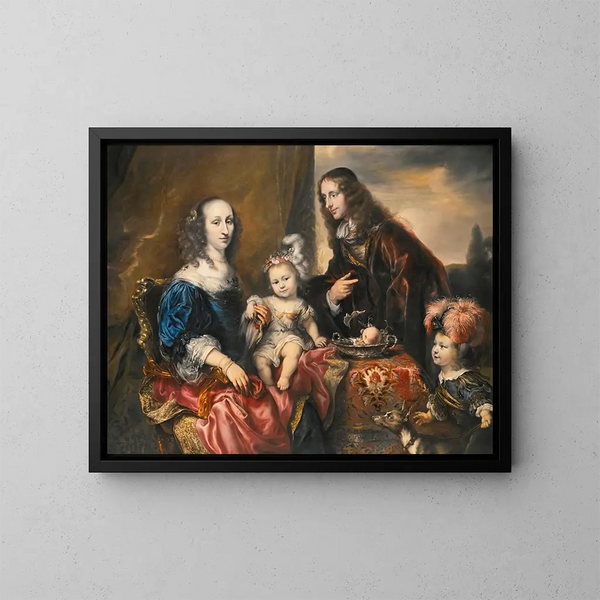 Elegantes traditionelles Familienporträt, das als das von Colonel John Hutchinson (1616-1664) und seiner Familie identifiziert wird - Jürgen Ovens — gerahmtes Bild an der Wand