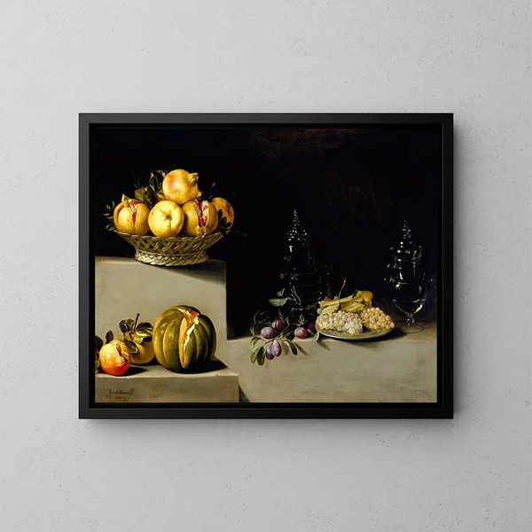 Naturmorte mit Früchten und Glaswaren - Juan van der Hamen y León — gerahmtes Bild an der Wand