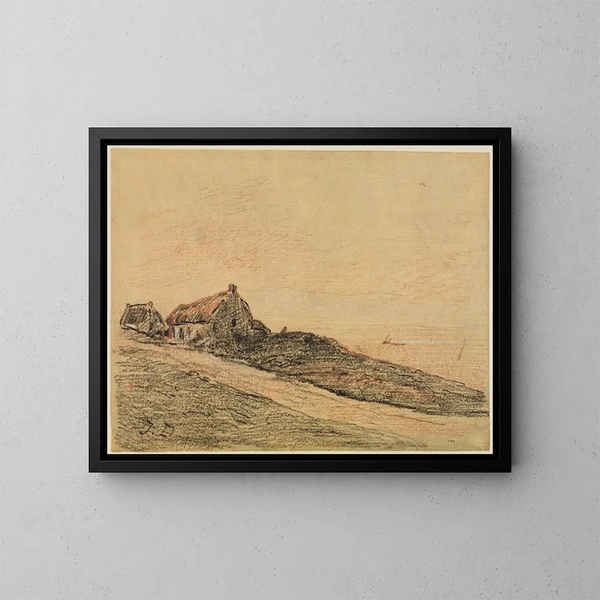 Paesaggio costiero a Cayeux con due capanne - Jules Dupré — quadro incorniciato alla parete