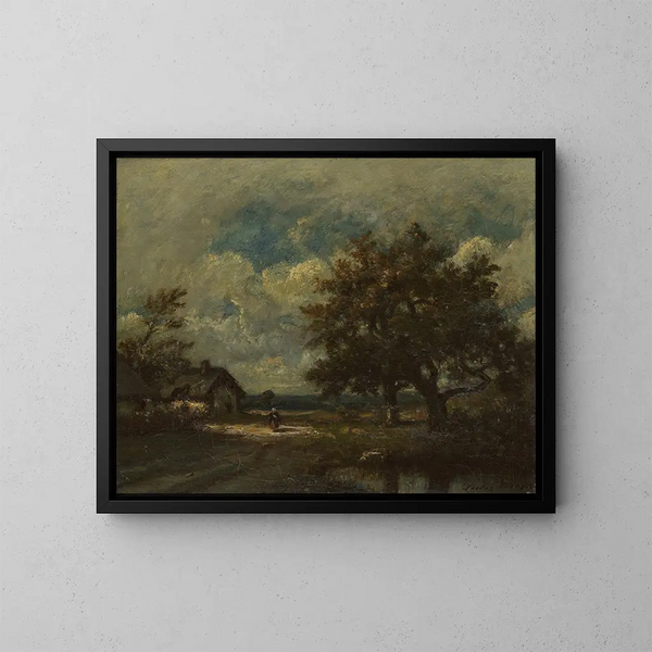 Il cottage al bordo della strada sotto un cielo tempestoso - Jules Dupré — quadro incorniciato alla parete
