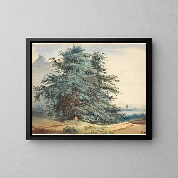 Due alberi antichi davanti a una vetta montuosa - Jules Dupré — quadro incorniciato alla parete