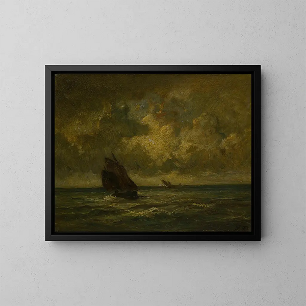 Due barche in una tempesta - Jules Dupré — quadro incorniciato alla parete