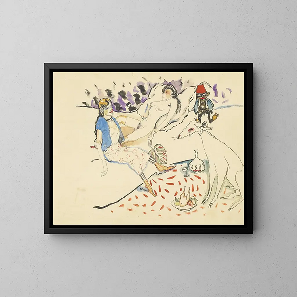 Frau mit ihrem Hund und Nacktem - Jules Pascin — gerahmtes Bild an der Wand