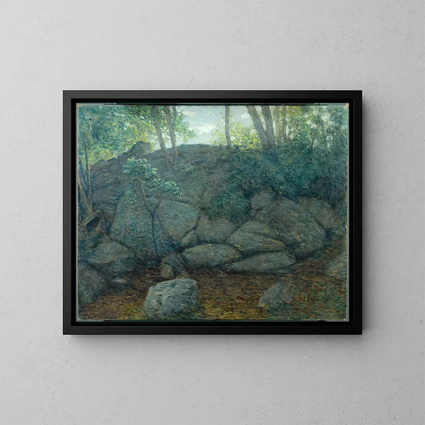 Rochers en forêt - Julian Alden Weir — gerahmtes Bild an der Wand