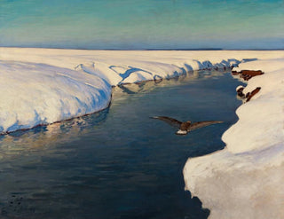 Julian Falat - Winter landscape with a river and a bird.webp