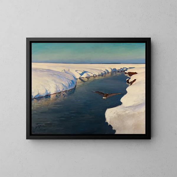 Paesaggio invernale con un fiume e un uccello - Julian Fałat — quadro incorniciato alla parete