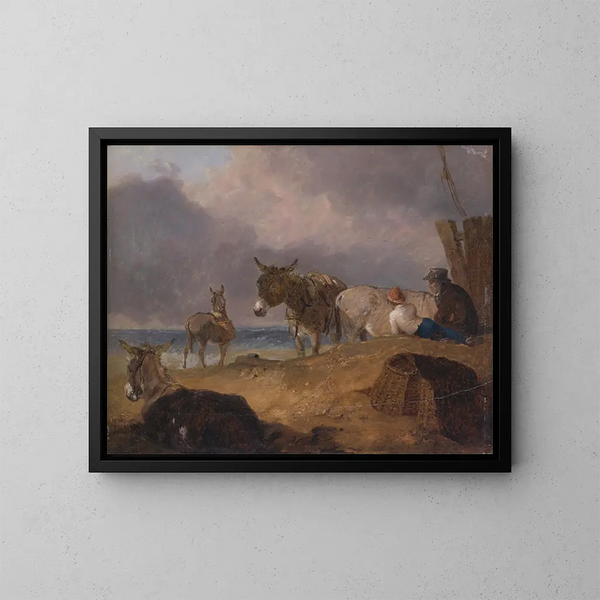 Esel und Figuren an einem Strand - Julius Caesar Ibbetson — gerahmtes Bild an der Wand