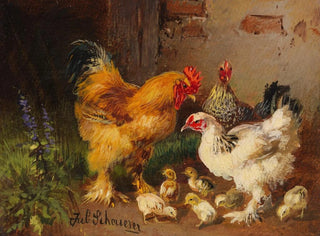 Julius Scheuerer - Hahn Hhner und Kken vor dem Stall auf der Wiese.webp