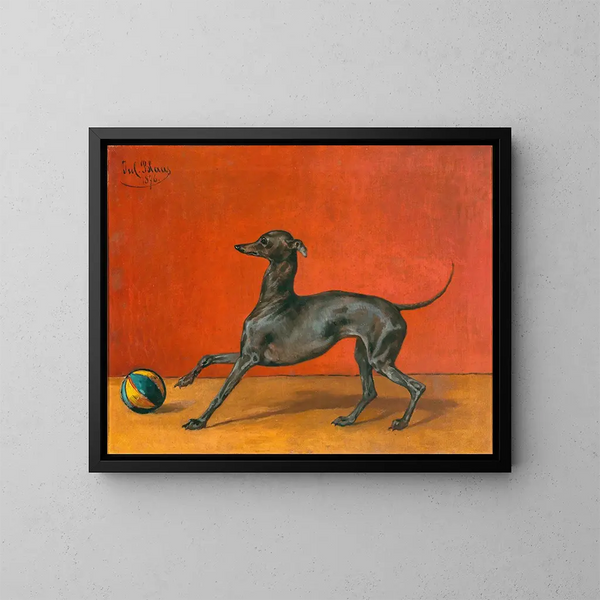 Ein Windhund oder ein italienischer Laufhund mit einem Ball - Julius von Blaas — gerahmtes Bild an der Wand