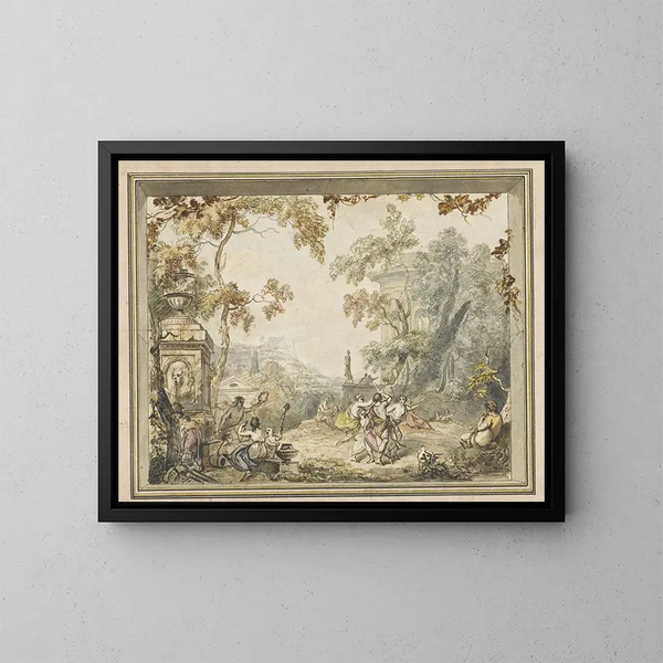Konzeption für ein Wandbild eines Zimmers, idyllische Arcadien-Landschaft mit klassischen Gebäuden - Jurriaan Andriessen — gerahmtes Bild an der Wand
