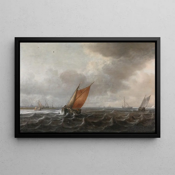 Justus de Verwer - A River Estuary With Light Shipping In A Strong Breeze A View Of Haarlem Beyond.webp