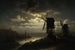 Night landscape painting with windmills - Józef Marszewski — artwork view
