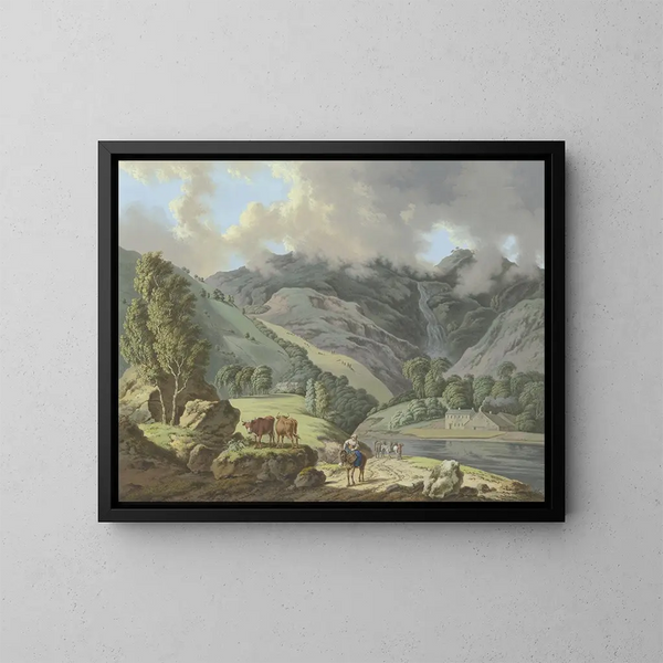 Landschaft mit Berg, Wasserfall und Wiesen im Vordergrund - Karl Franz Kraul — gerahmtes Bild an der Wand