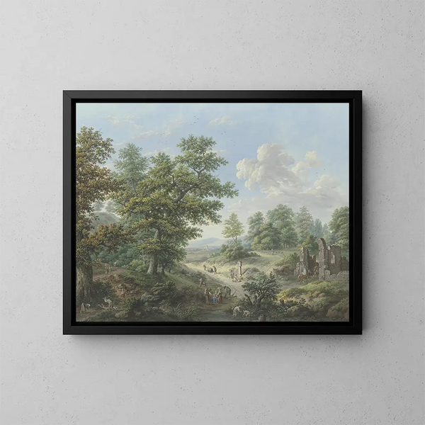 Ausgang aus dem Wald rechts, die Ruine einer Kapelle, in der ein Reiter eintritt. - Karl Franz Kraul — gerahmtes Bild an der Wand